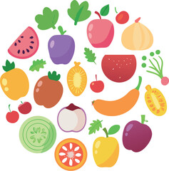 A vibrant illustration featuring a circular arrangement of various fruits and vegetables.