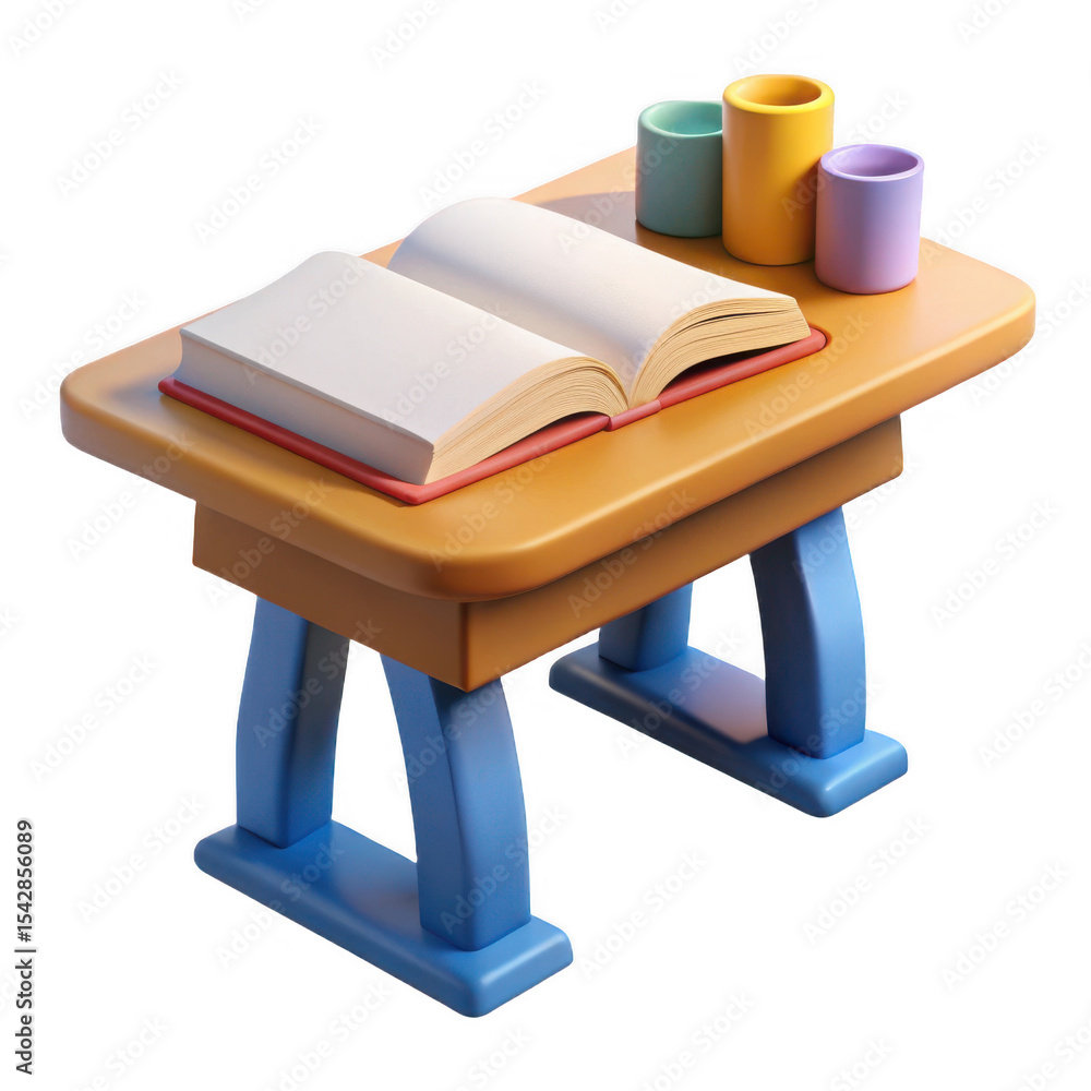 Poster a small wooden desk with an open book and colorful cups isolated on transparent background