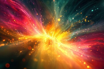 Obraz premium A colorful explosion of light and color with a yellow center. The explosion is surrounded by a red and blue halo.