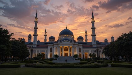 Masjid Wilayah Persekutuan at sunset in Kuala Lumpur.