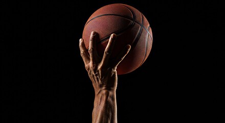 Hand holding a basketball above head height, fingers spread and ready for a dunk, motion implied, shadows emphasized for depth, isolated on transparent background.