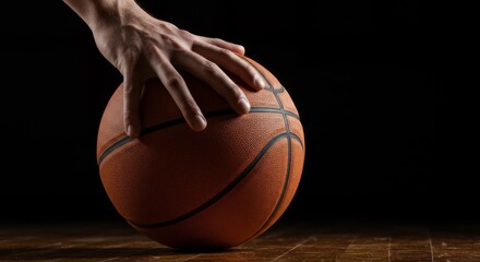 Basketball being palmed low with one hand as if mid-dribble, fingertips pressing into the texture of the ball, captured with tension and control.