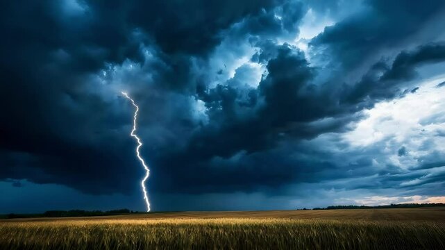 A dramatic sky filled with dark storm clouds and a bright lightning bolt striking over a golden field.