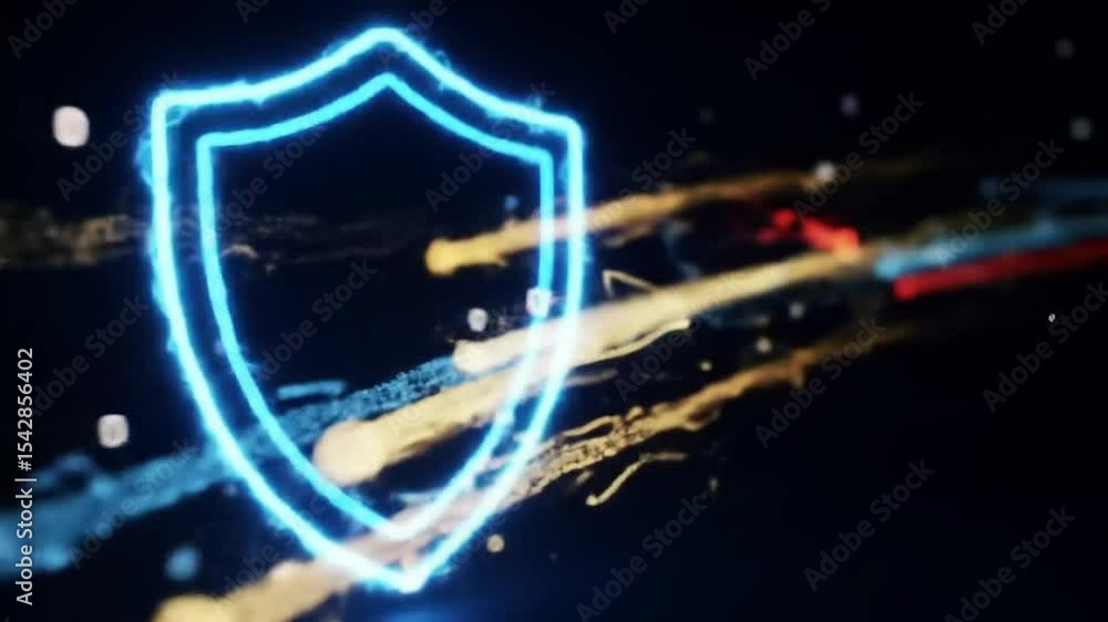 Poster cybersecurity shield with digital data streams protecting against cyber threats animation