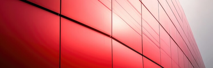 Close-up view of a large red building facade, composed of rectangular panels