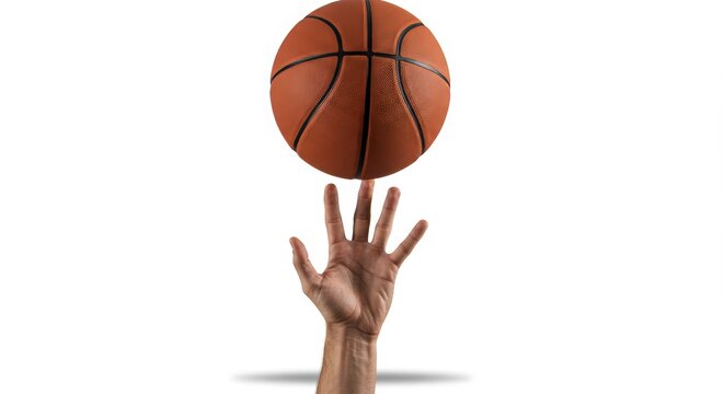 Hand in perfect shooting form just after ball release, fingers bent in follow-through motion, ball slightly above fingertips, isolated with subtle shadow base - Powered by Adobe