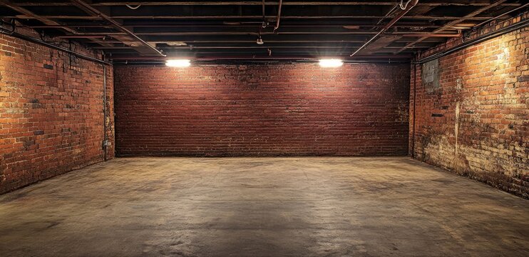 Empty brick basement room with concrete floor