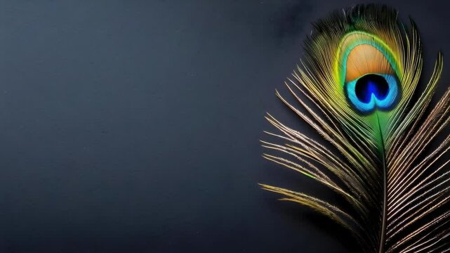A vibrant peacock feather with striking colors, including blue, green, and hints of gold against a dark background.