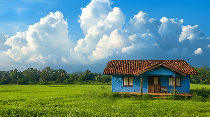 Traditional Indian village house surrounded by green grass and beatiful cloudy blue sky Village landscape