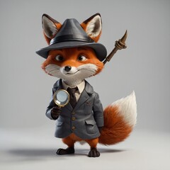 A cartoon fox character in a detective outfit, holding a magnifying glass and wearing a hat, showcasing a curious expression.
