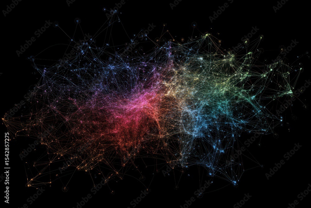 Poster complex network of colorful connections on a dark background illustrating data structures and relati