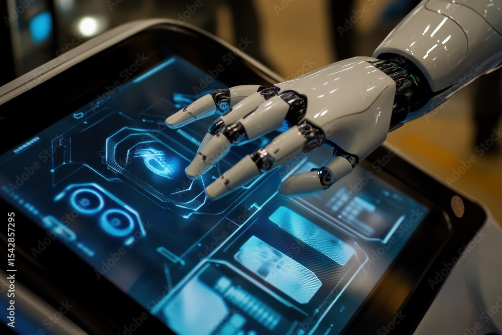 Poster futuristic robot interacts with advanced touchscreen technology in a modern environment, futuristic 