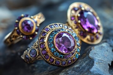 A purple and white ring with a diamond in the center. Elegant jewelry designs featuring stunning gemstones and vintage flair.