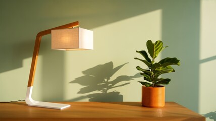 Modern Desk Lamp and Potted Plant on Wooden Table Against Green Wall
