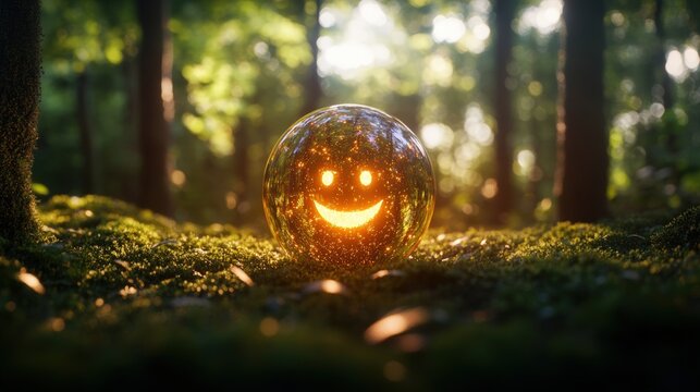Glowing Halloween pumpkin with smiling face sitting on moss in a sunlit forest du daytime