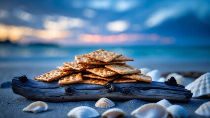 Crackers on driftwood at beach with seashells and ocean view
