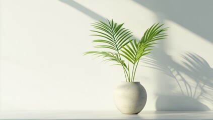 Fototapeta premium Light, minimalist, potted palm plant on a white surface. Sunlight casts shadows