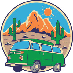 Retro camper van in a desert landscape illustration