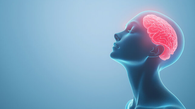 European Migraine Day of Action Banner with Soft Blue to Gray Gradient Background, Glowing Red Migraine Area on 3D Human Head Silhouette at Right, Clean Awareness Theme with Text Space on the Left