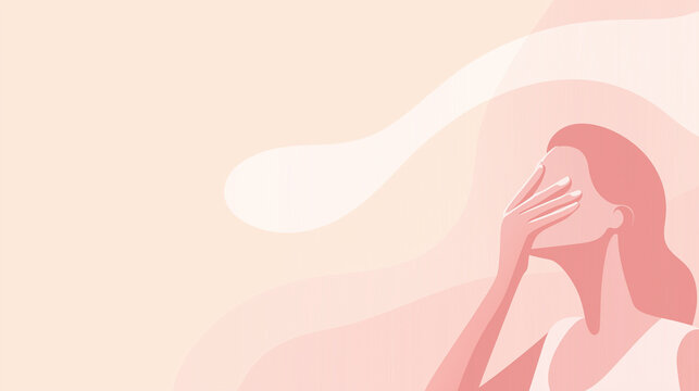 European Migraine Day of Action Banner with Soft Ivory to Dusty Rose Gradient Background, Female Figure Holding Head on Right Side, Flat Vector Style, Center Space Reserved for Awareness Message - Powered by Adobe