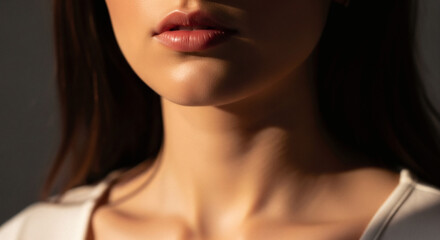 Obraz premium Soft close-up of a woman’s lips, neck and hair in warm light with intimate elegance