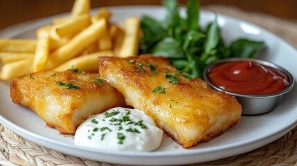Crispy fish and chips with a side of fresh greens and sauces