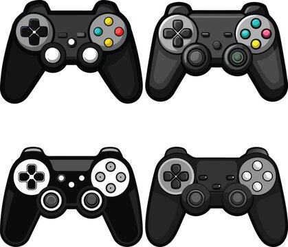 Four black game controllers illustration set
