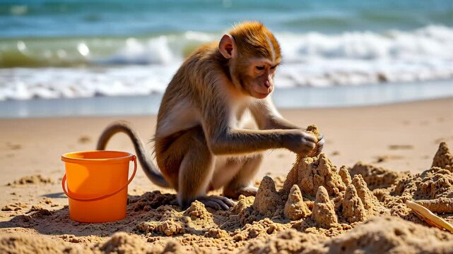 A monkey is playing in the sand on the beach