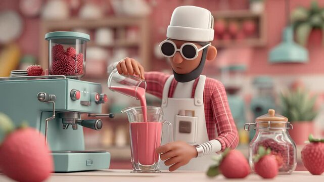 Cartoon Style Chef Pouring Pink Smoothie in a Pink Kitchen with Berries and a Turquoise Espresso Machine