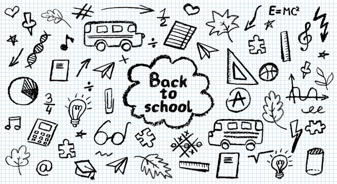Charcoal school doodles on notebook sheet in a cage. Fun handdrawn icons for back to school themes. Cute childish education black pastel or wax pencil signs. Grunge vector classroom symbols
