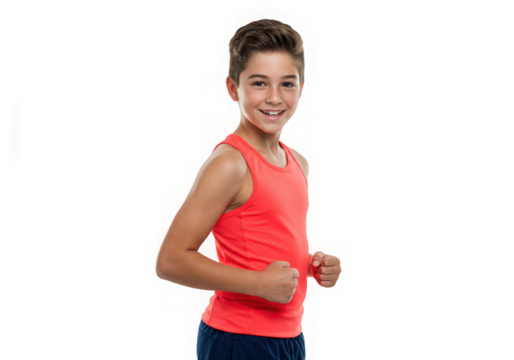 A boy transparent image smiling wearing red tank top with transparent effects, standard version x
