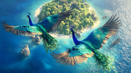 Tropical fish swim through an underwater coral reef in a vibrant blue aquarium