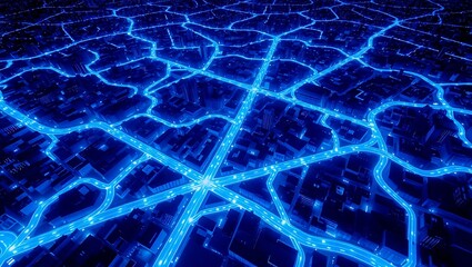 Obraz premium Futuristic city aerial view with glowing roads and buildings digital illustration