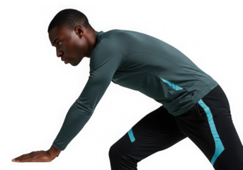 Muscular man poses dynamically with bare torso and gloves against transparent background