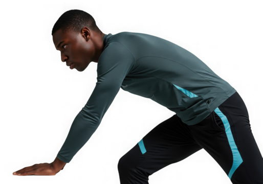 Muscular man poses dynamically with bare torso and gloves against transparent background