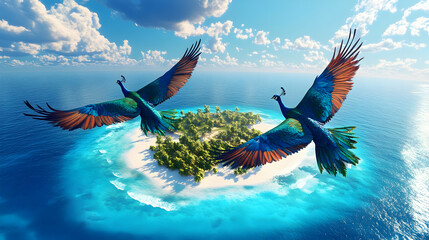 Peacock with colorful feathers flying high in the summer sky