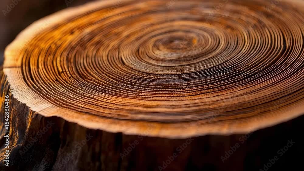 Poster a close-up of a tree stump showcasing growth rings in a circular pattern, highlighting the texture a