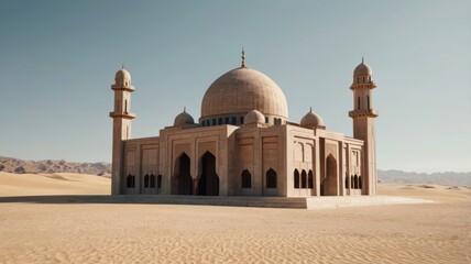 Minimalist depiction of mosque in vast desert emphasizing solit.