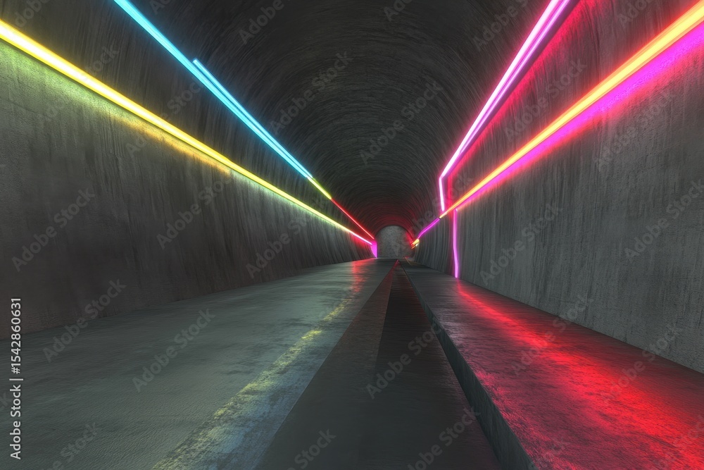 Poster endless journey through a neon-lit gray concrete tunnel with vibrant lighting, endless flight in a g