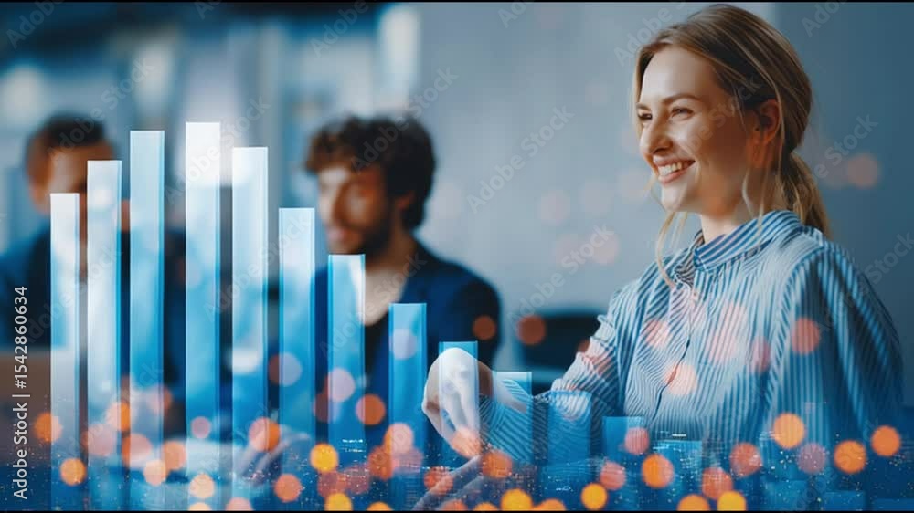 Aufkleber smiling businesswoman in modern office analyzing data with futuristic bar graphs, teamwork, and succ