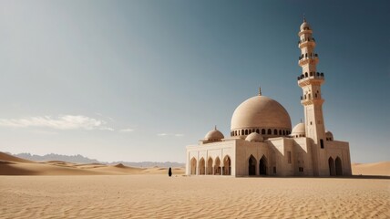 Minimalist depiction of mosque in vast desert emphasizing solit.