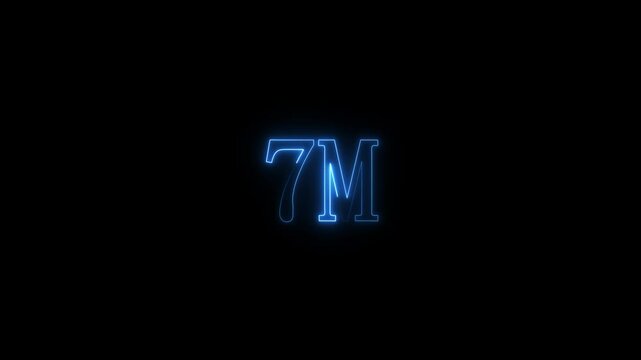 7M million neon glowing text animation on black background.7 Million achievement for social media videos animation.4k video