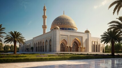 Modern Islamic architecture building, sunny day.