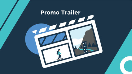 Illustration of a clapperboard with scenes of a person walking and a cityscape with mountains displayed