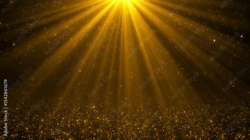 Poster spotlight flying particles. gold color rays. empty scene with light for product. abstract shining go