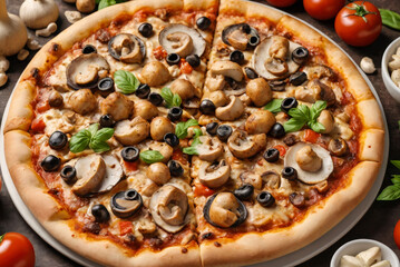 Delicious pizza with mushrooms, tomatoes, garlic and chicken pieces. Freshly baked pizza cut into uneven pieces, decorated with greenery . Beautiful presentation. Italian Cuisine. Top view.