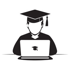 Student wearing graduation cap laptop computer and online university icon vector illustration.