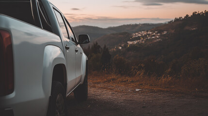 White pickup truck on a quiet rural road at dusk, bathed in golden light, evoking a serene countryside moment.