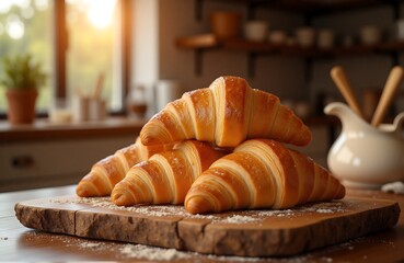 Freshly baked croissants on wooden board, soft morning light, food photography for cozy bakery visuals