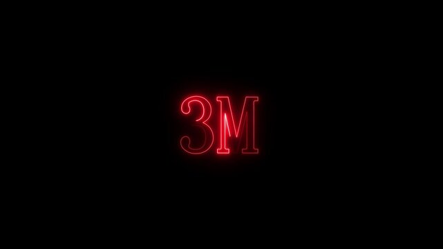 3M million neon glowing text animation on black background. social media videos. Neon 3M text animation.4K VIDEO